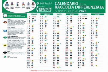 Calendario raccolta differenziata anno 2025 da Gennaio a giugno 2025